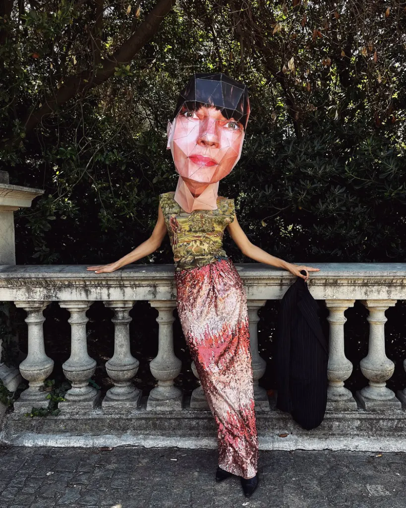 Tapestry sequined corset dress and Big Head mask