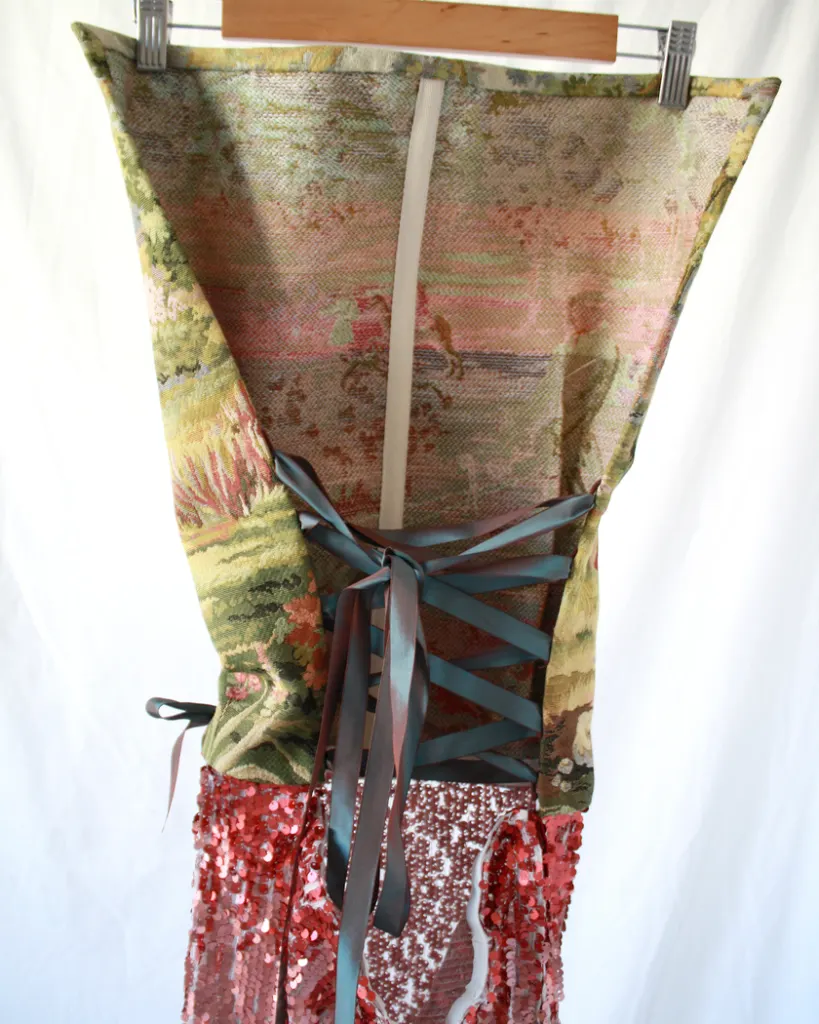 Tapestry corset dress with a laced up back