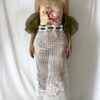 Front of this vintage bustier tapestry dress with curtain skirt and bouffant sheer sleeves