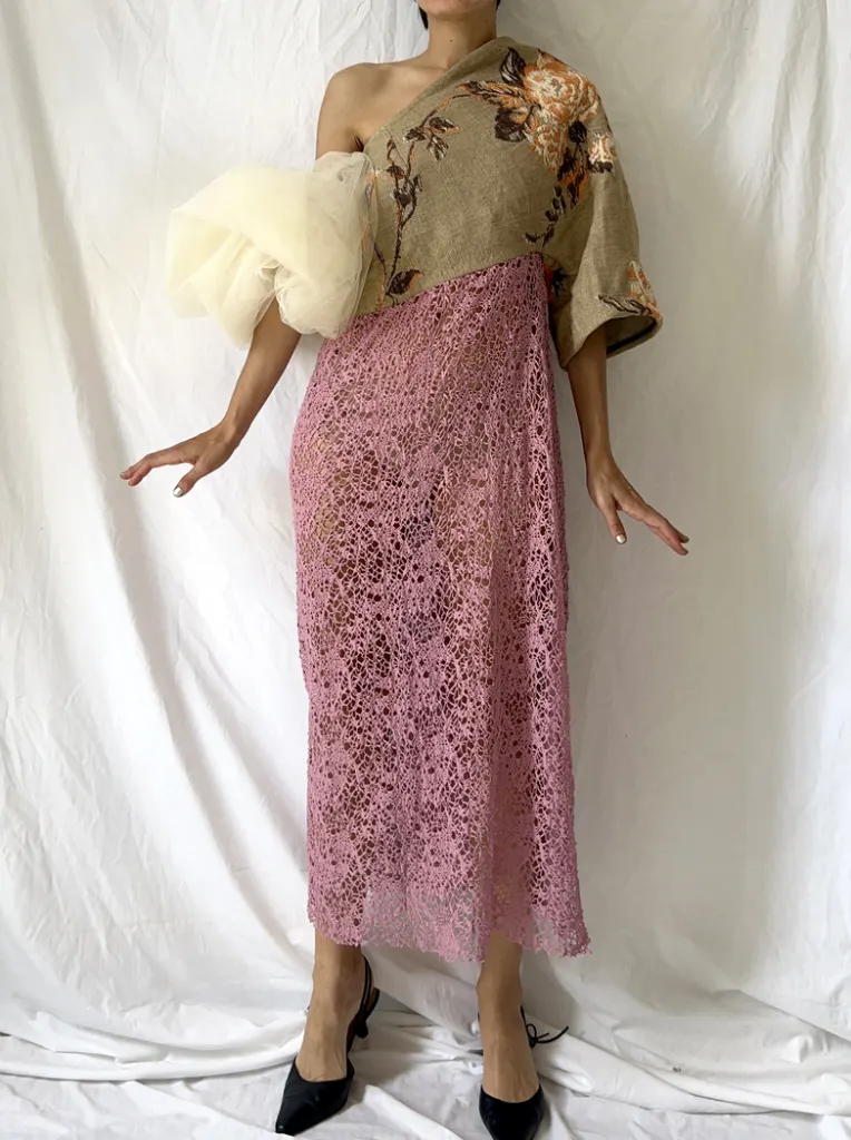 Front of the tapestry top and pink net skirt of this Japanese style dress with a cloud tulle sleeve
