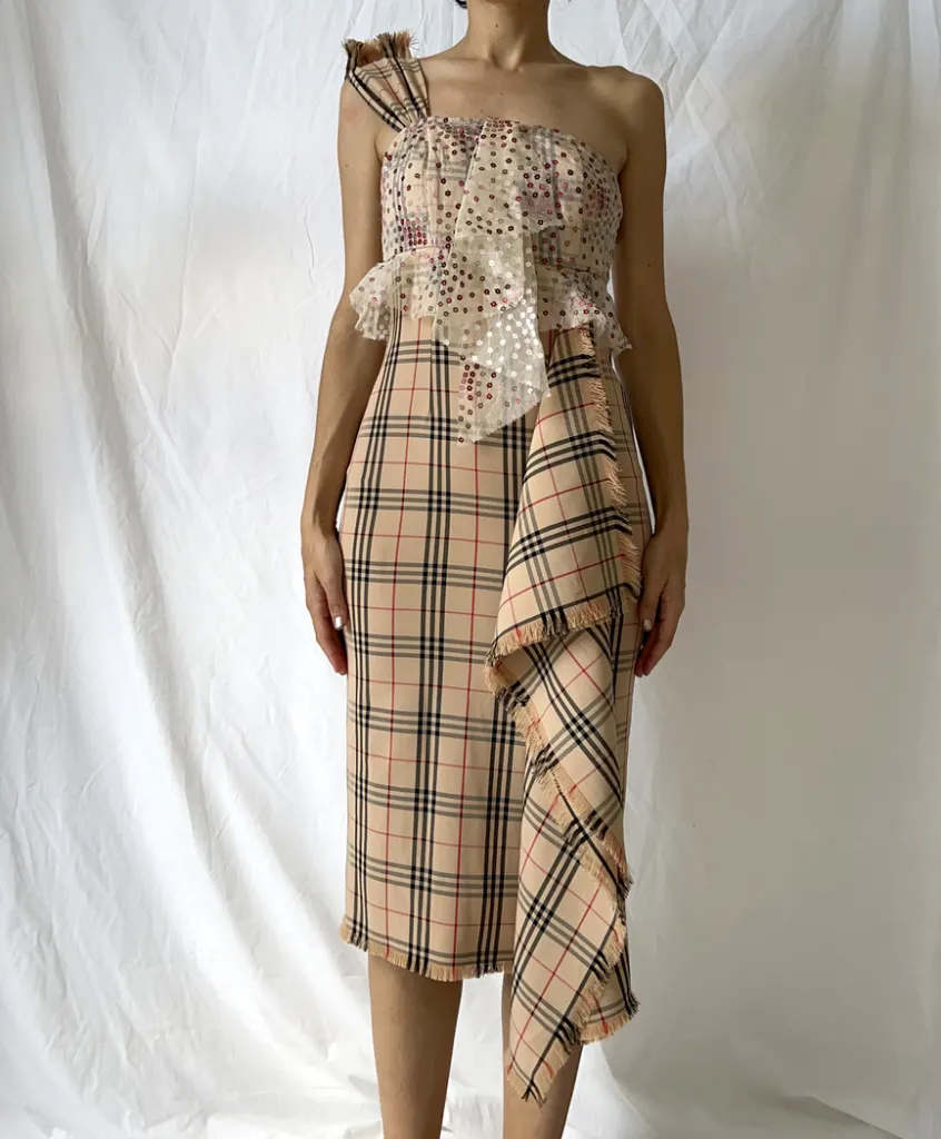 Front of nova check plaid bustier one shoulder dress