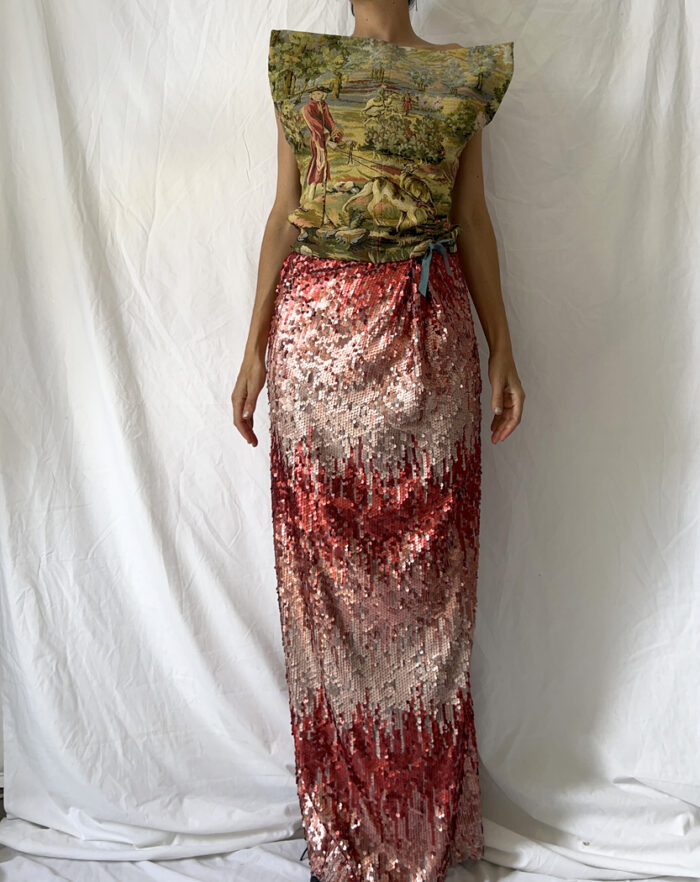 Front of the tapestry sequined corset dress