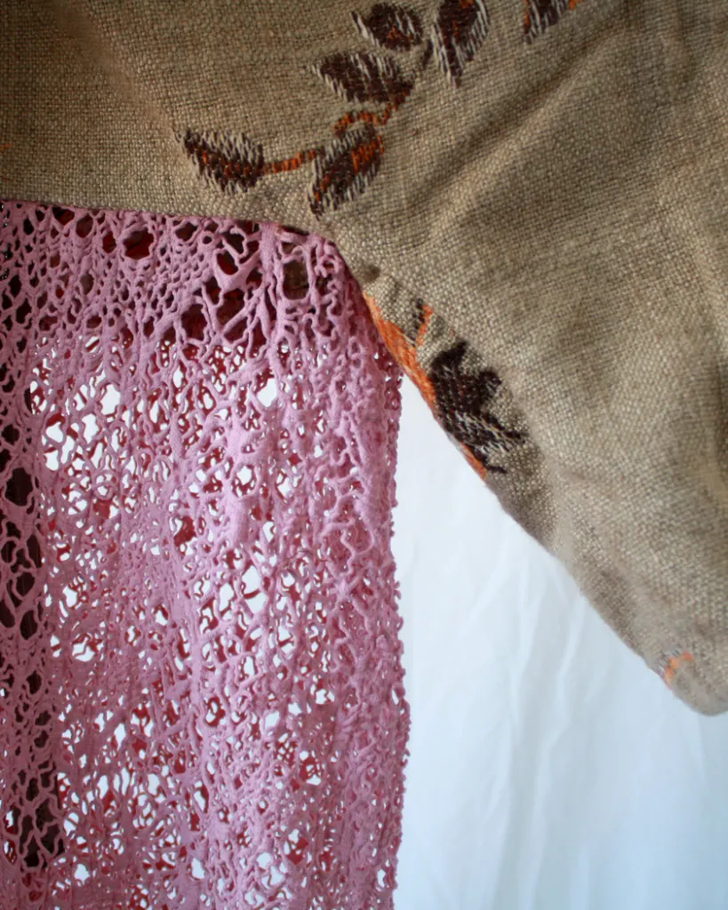 Detail of the tapestry top and pink net skirt of this Japanese style dress