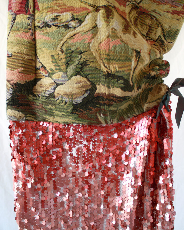 Detail of the fabric combination of this tapestry and sequined dress