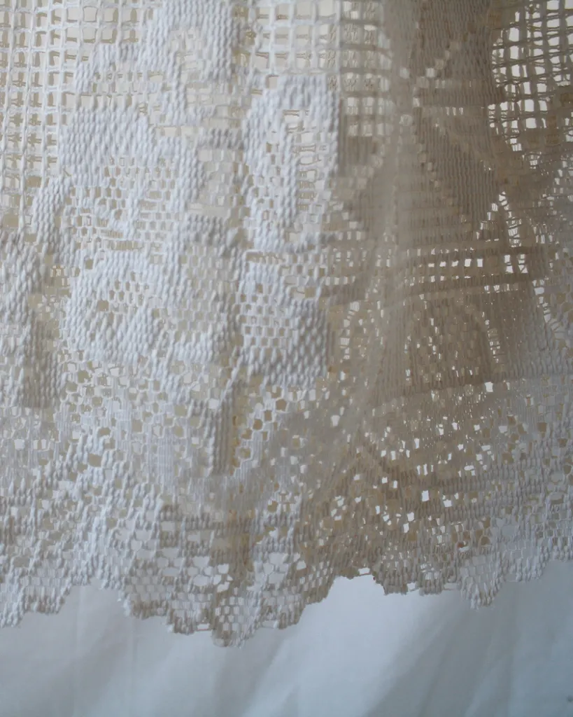 Close up of the vintage curtain skirt of this bustier dress