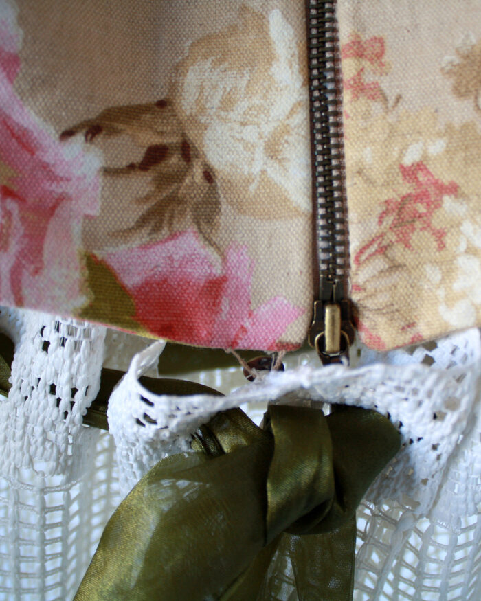 Close up of this Cottagecore tapestry curtain sheer bouffant sleeves dress