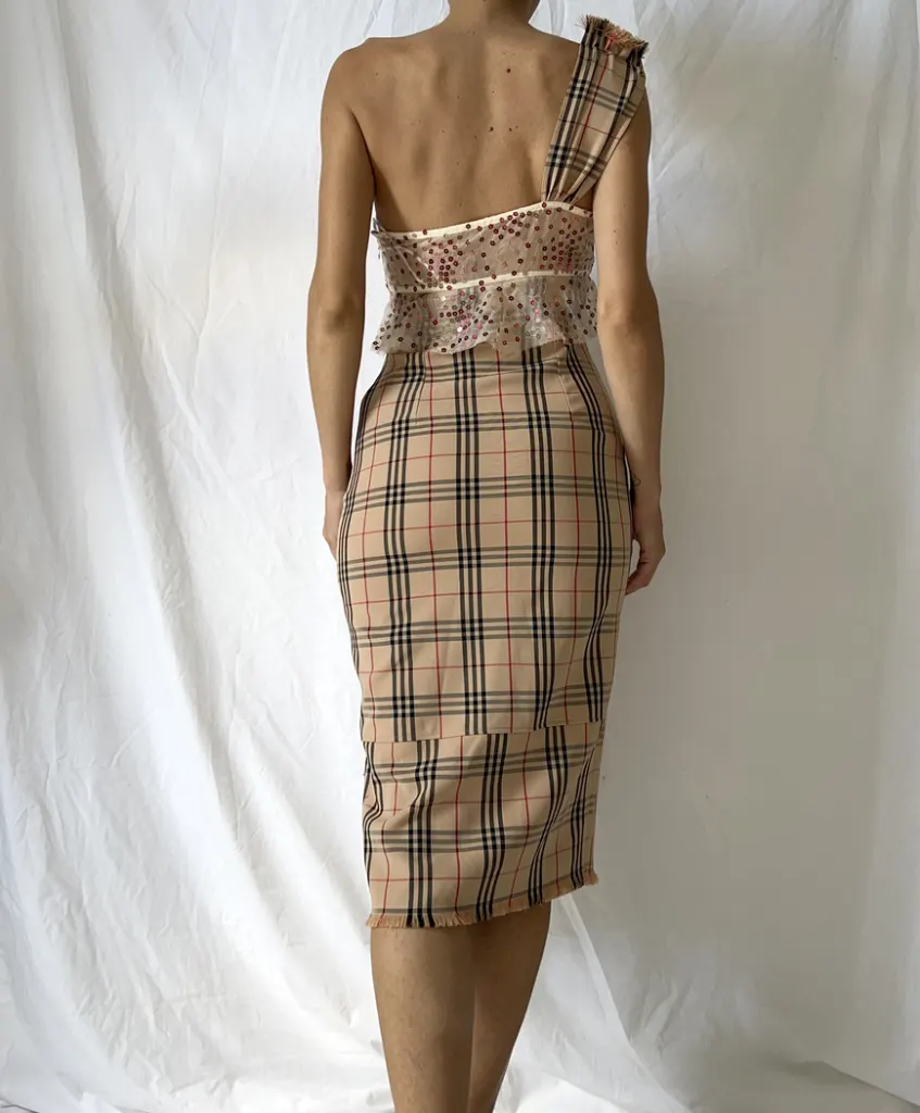 Back of nova check plaid bustier one shoulder dress