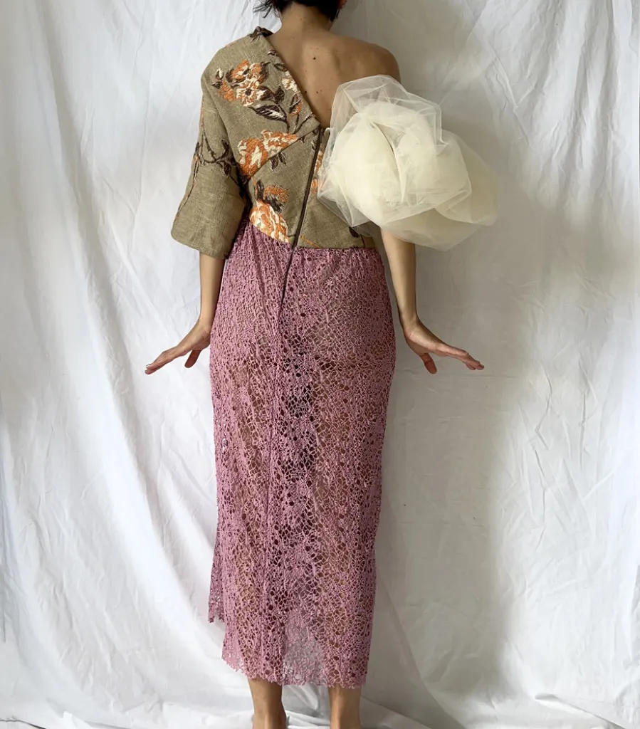 Back of the tapestry top and pink net skirt of this Japanese style dress with a cloud tulle sleeve