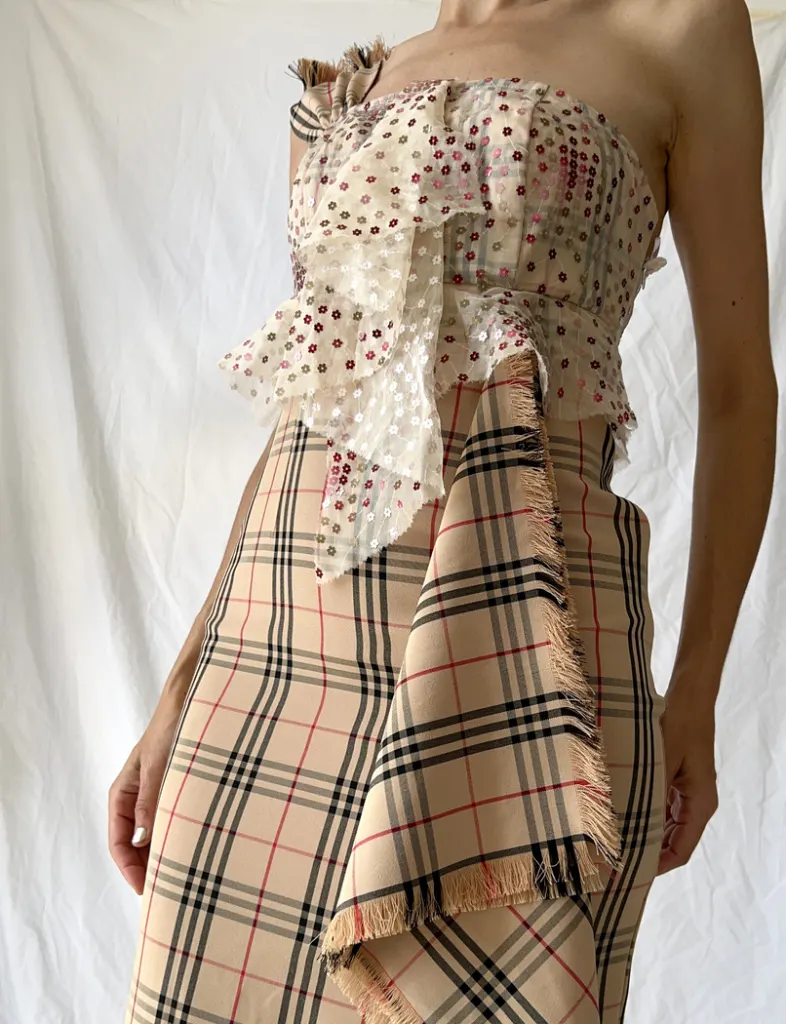 Detail of the different textures of this bustier nova check one shoulder plaid dress