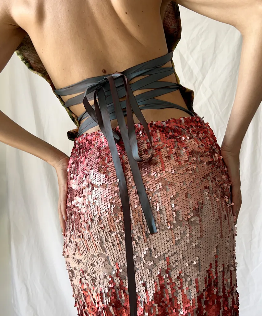 Detail of this backless tapestry corset dress