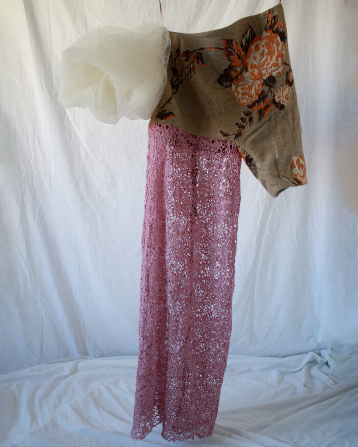 Front of the tapestry top and pink net skirt of this Japanese style dress with a cloud tulle sleeve