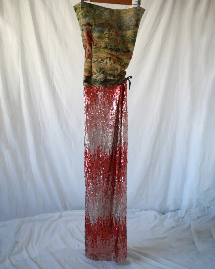 Front of this tapestry sequined corset maxi dress