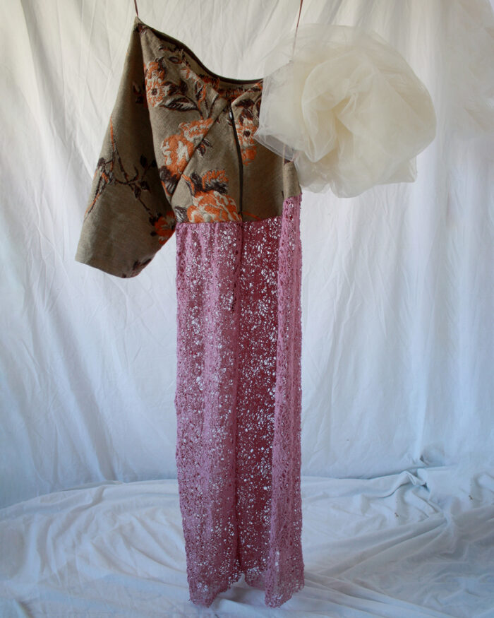 Back of the tapestry top and pink net skirt of this Japanese style dress with a cloud tulle sleeve
