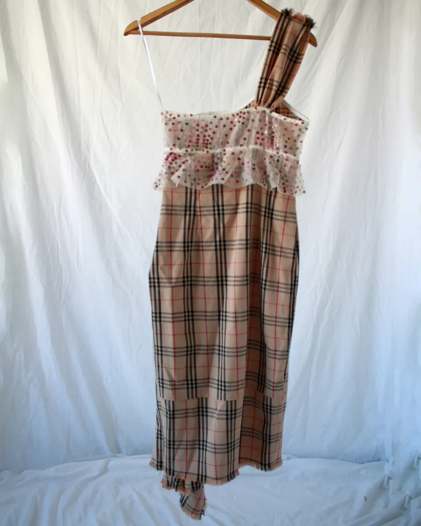 Back of the nova check plaid one shoulder dress