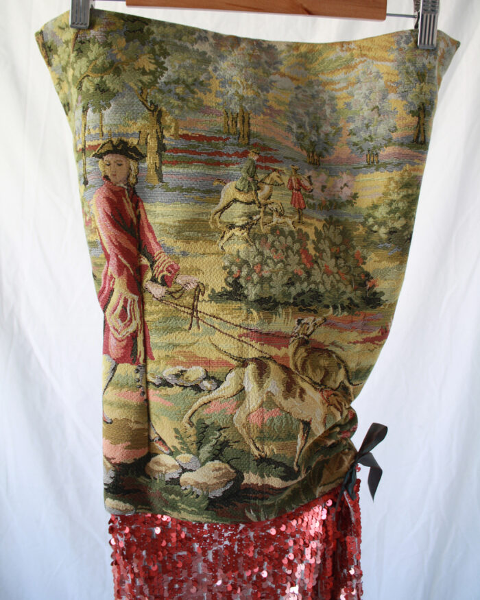 Detail of the tapestry corset top of the dress