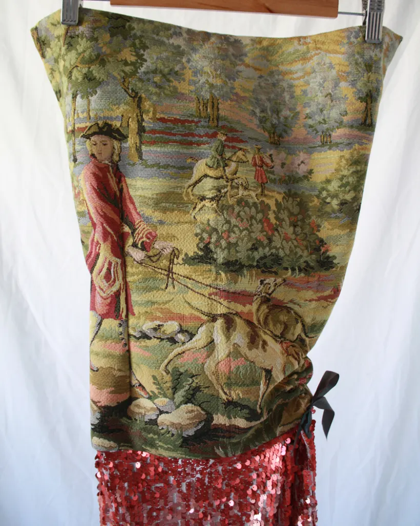 Detail of the tapestry corset top of the dress